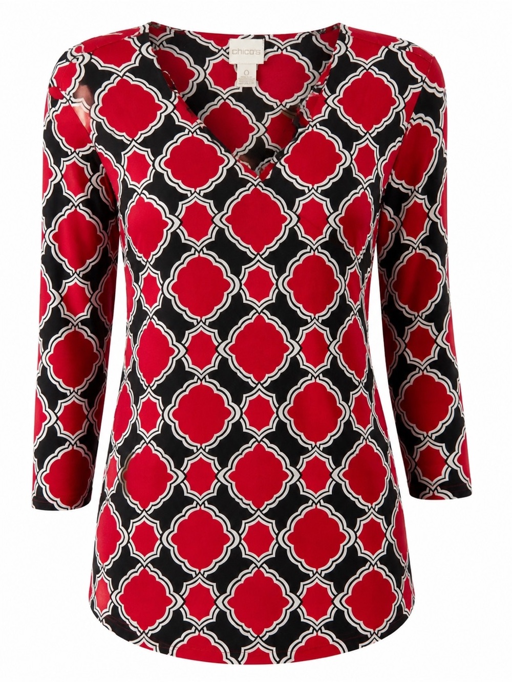 Chico's Red and Black Geometric V-Neck Long Sleeve Top